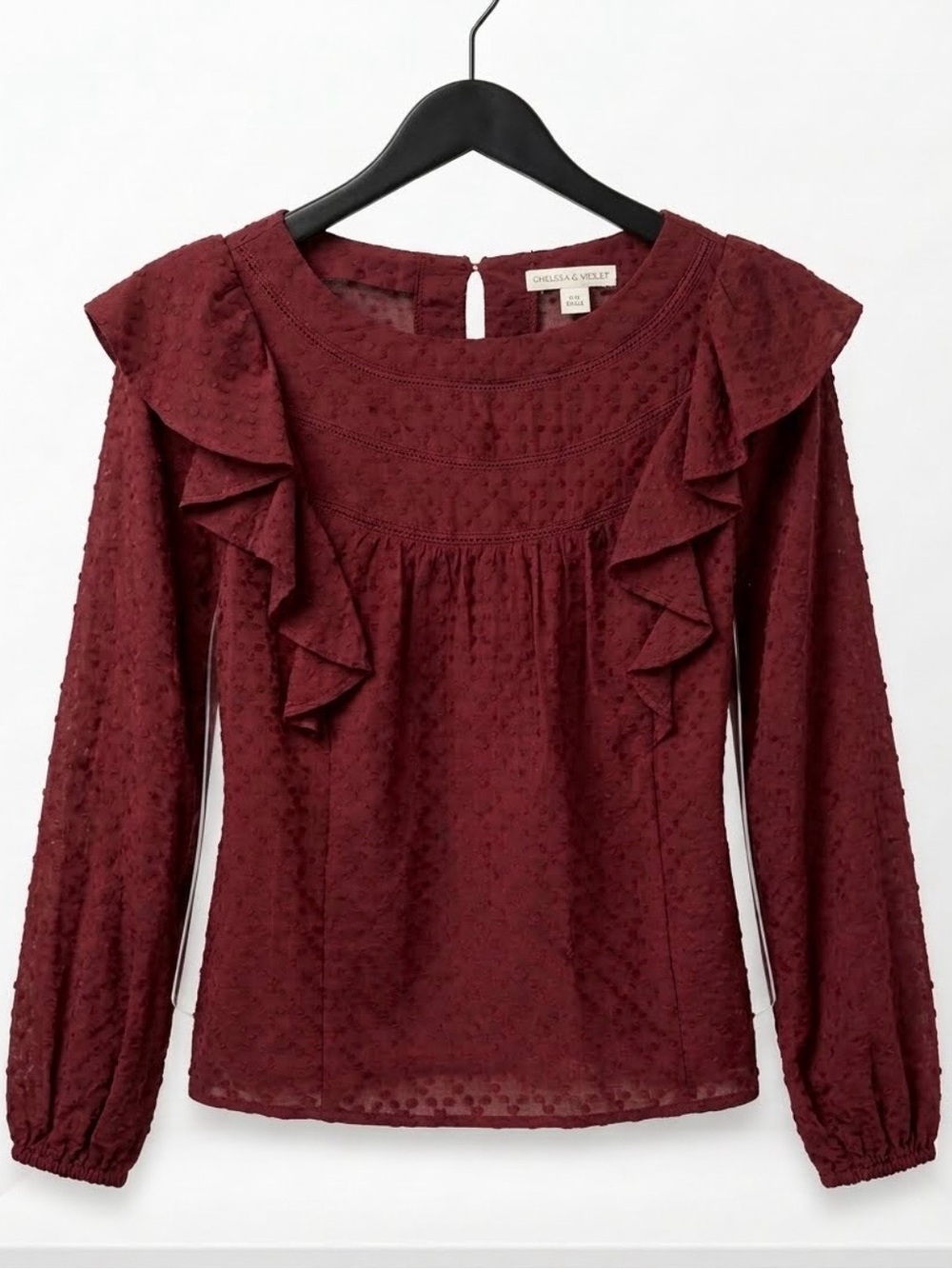 Chelsea & Violet Wine Red Swiss Dot Blouse w/ Ruffle Detail - fall staple